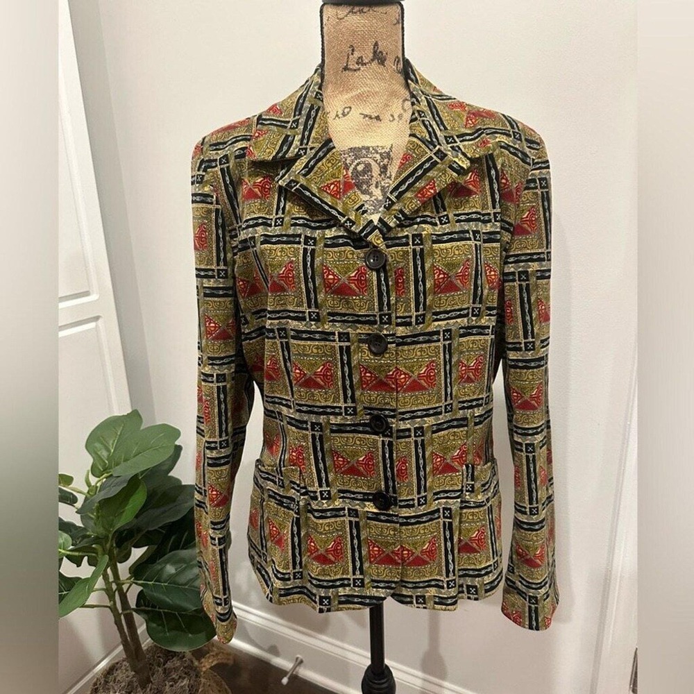 Harve Benard by Benard Holtzman Geometric Print Blazer‎ Jacket Olive Red Size 16